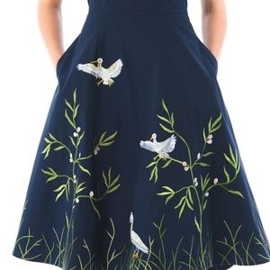 Eshakti size 8 Navy Bird embellishment amps up the floral, cotton popplin